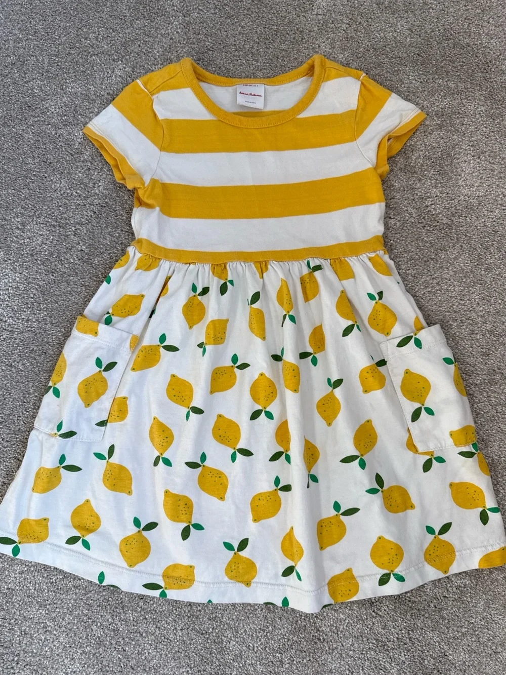 Hanna Andersson Lemon Pocket Dress Size 4 | Yellow Stripe Citrus Summer Dress - Picture 1 of 3